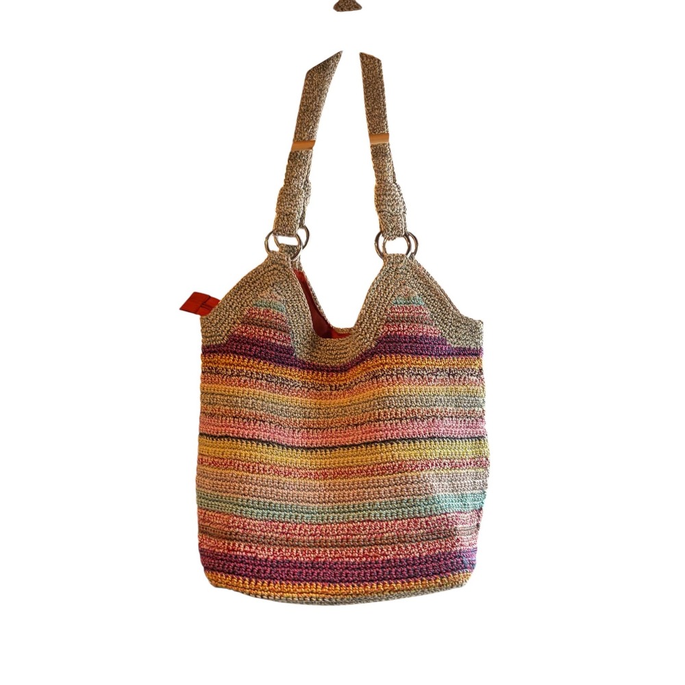 The Sak Striped Crochet Hobo Bag Multi Color Tassel Shoulder Tote Boho Retro - Picture 2 of 11